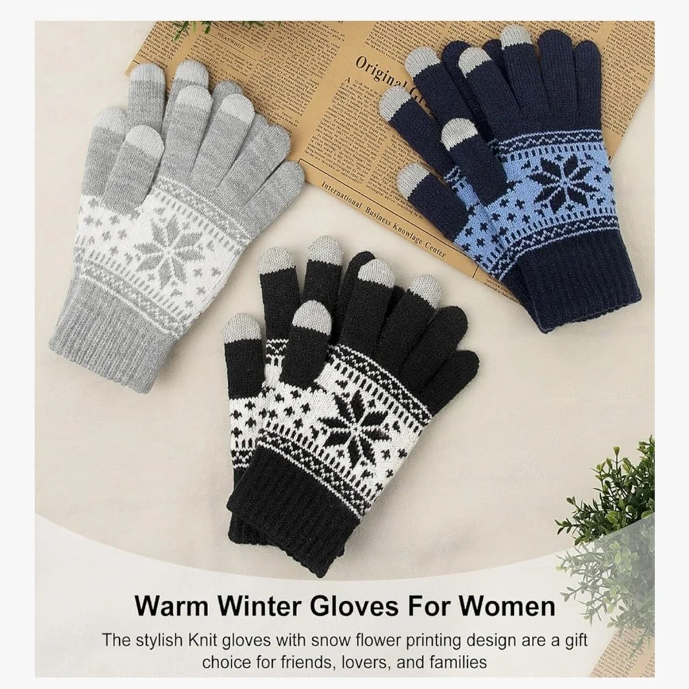 🆕 3 Pairs Touch Screen Gloves Snow Flower, Warm Knit Winter Gloves